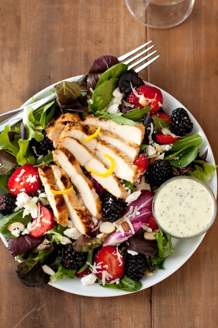 Salad with Berries, Grilled Lemon Chicken, Feta and Homemade Poppy Seed Dressing by Cooking Classy 