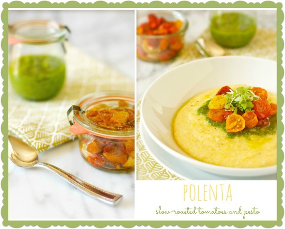Polenta with slow-roasted tomatoes and pesto from Daisy's World