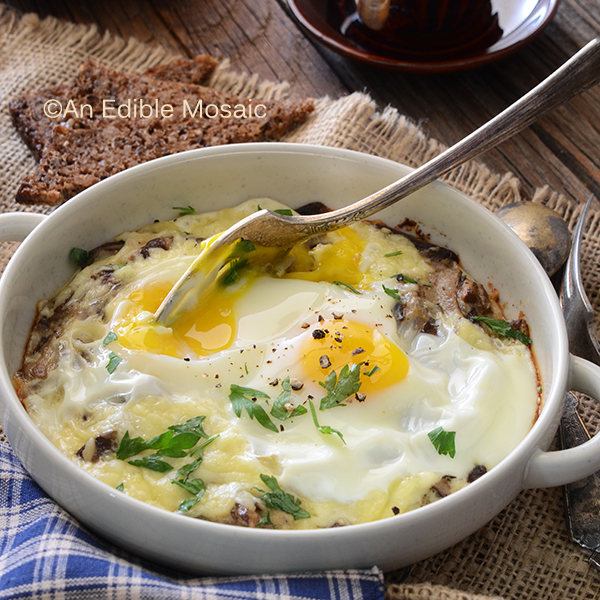 Cheesy Mushroom Baked Eggs for Two by An Edible Mosaic