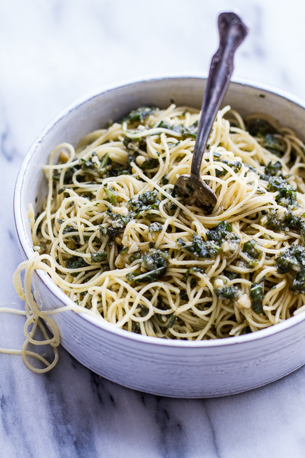 20 Minute Pasta with Brown Butter Chunky Basil Pesto. A simple meal perfect for meatless Mondays