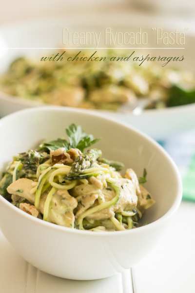 Creamy Avocado Zoodle Pasta with Chicken and Asparagus