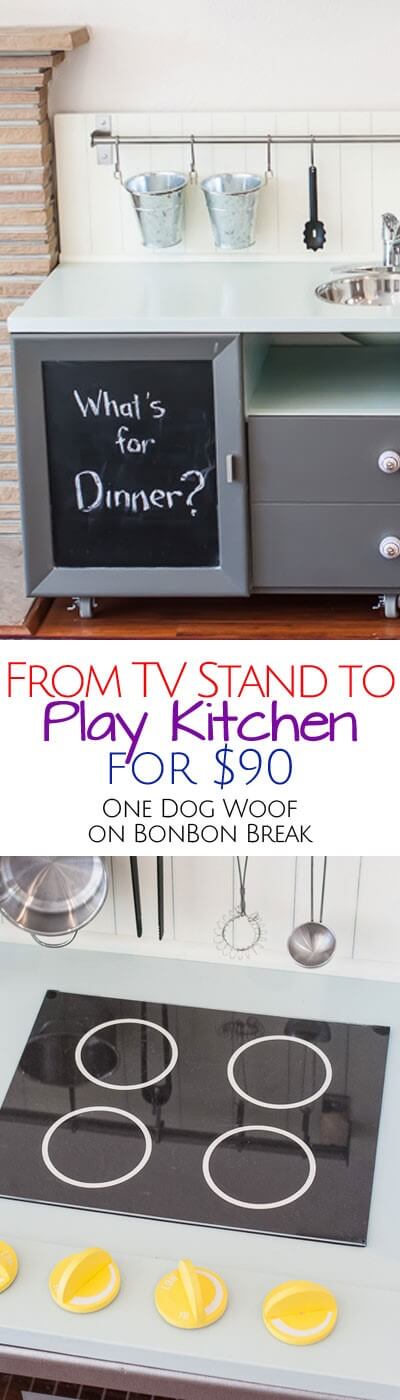 A tutorial for creating a play kitchen from TV stand for $90
