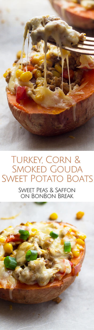 Stuffed with a Mexican turkey and corn mixture and then smothered with smoked Gouda, these sweet potato boats make a for a healthy, gluten-free meal. 