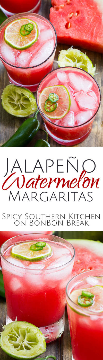 Fresh, sweet watermelon puree, lime juice, Triple Sec, and jalapeno-infused tequila make these Jalapeno Watermelon Margaritas super summery and delightful.