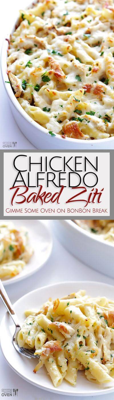 This Chicken Alfredo Baked Ziti recipe is simple to make, affordable, delicious, and picky-eater friendly!