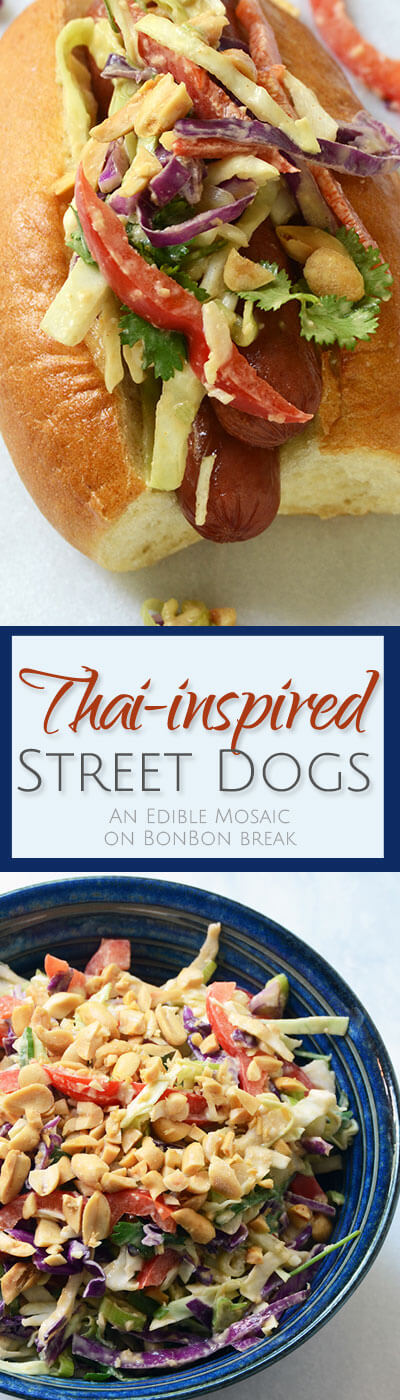 These Thai-Inspired Street Dogs are full of great Thai flavors like peanut, garlic, and ginger in a tasty slaw! What could be better for topping hot dogs?