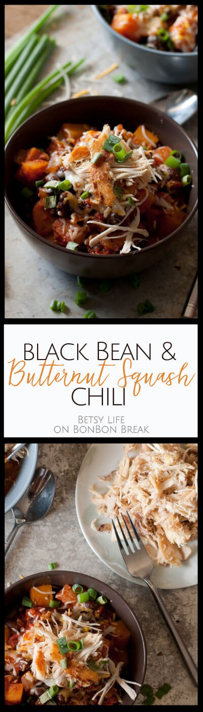 Easy black bean and butternut squash chili topped with crispy chicken.