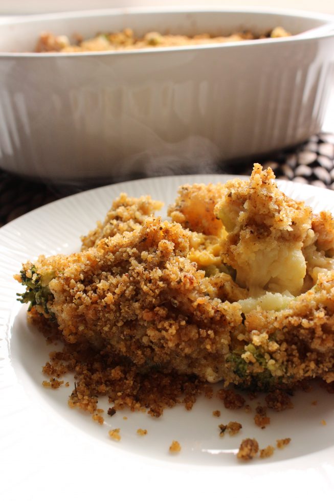 Dig into this easy and delicious gluten-free broccoli and cauliflower cheese bake casserole. Great side dish for the holidays!